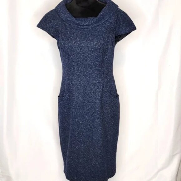 Lafayette 148 Dresses & Skirts - Lafayette 148 NY Blue Tweed Cowl Neck Midi Dress With Pockets Size 8